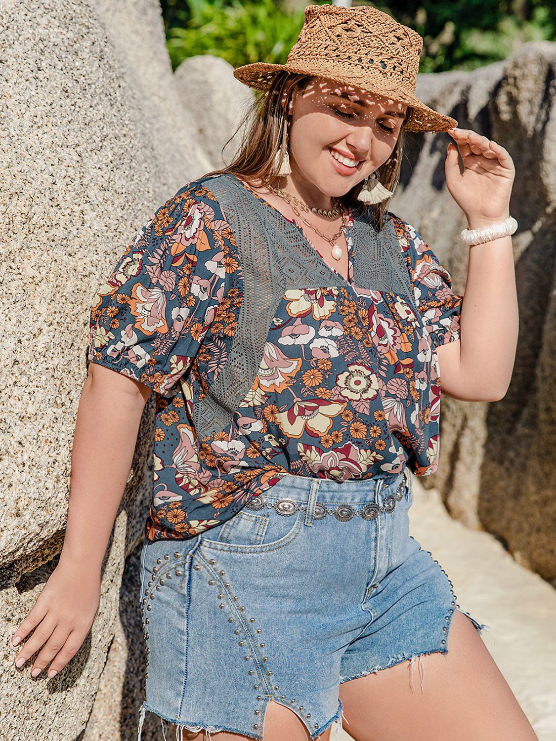 Plus Size Printed Notched Half Sleeve Blouse Shirts & Tops Krazy Heart Designs Boutique   