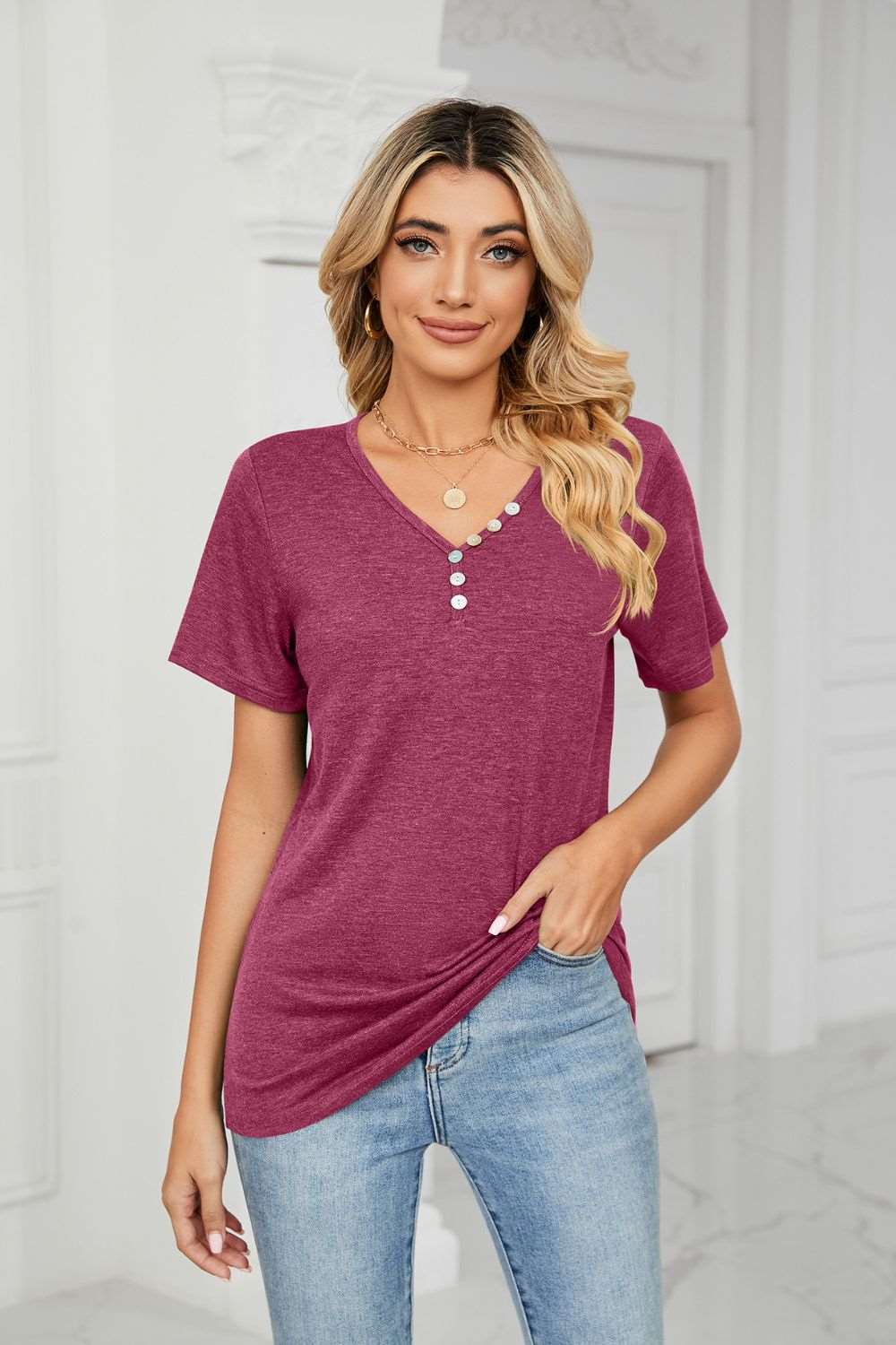 Decorative Button V-Neck T-Shirt (7 Colors)  Krazy Heart Designs Boutique Cerise S 