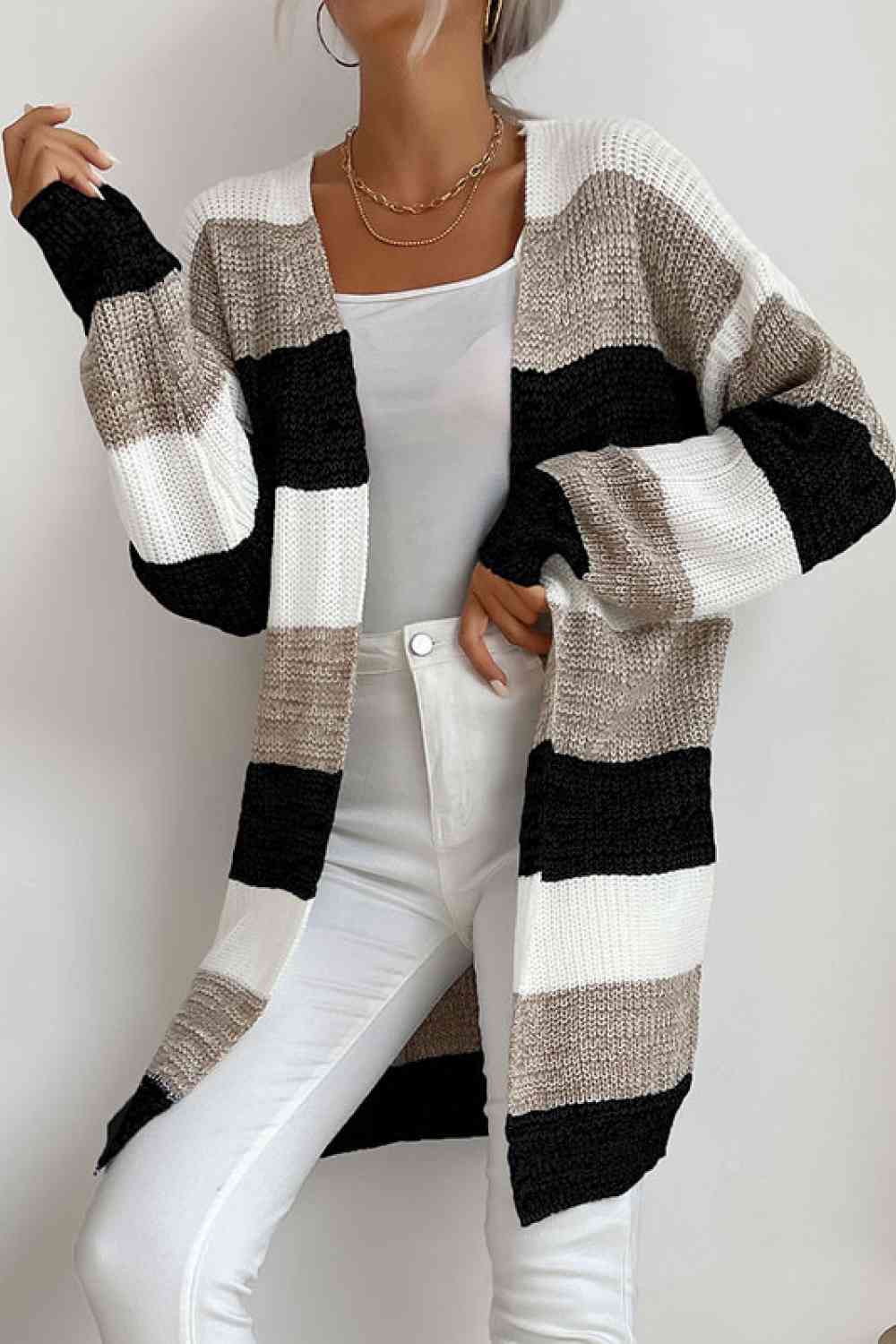 Striped Long Sleeve Duster Cardigan (5 Colors)  Krazy Heart Designs Boutique Khaki/Black/White S 