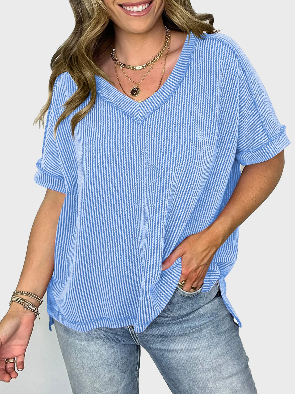 Lovelet Texture V-Neck Half Sleeve Top (5 Colors) Shirts & Tops Krazy Heart Designs Boutique Sky Blue S 