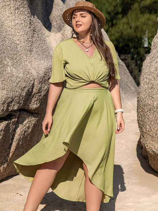 Plus Size V-Neck Half Sleeve Top and High-Low Skirt Set outfits Krazy Heart Designs Boutique Yellow-Green 0XL