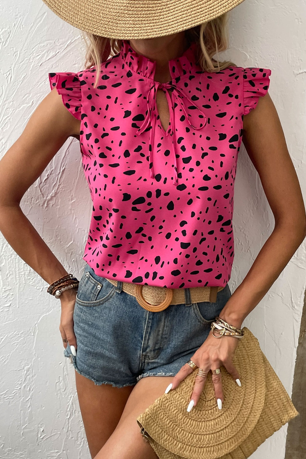Tied Printed Tie Neck Cap Sleeve Blouse Shirts & Tops Krazy Heart Designs Boutique Cerise S 