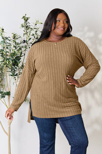 Basic Bae Full Size Ribbed Round Neck Long Sleeve Slit Top (4 Colors) Shirts & Tops Krazy Heart Designs Boutique Tan L 