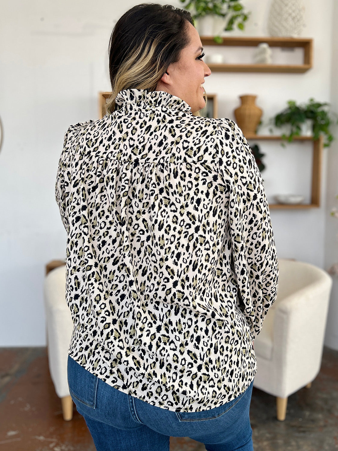 Double Take Full Size Leopard Long Sleeve Blouse (2 Colors) Shirts & Tops Krazy Heart Designs Boutique   