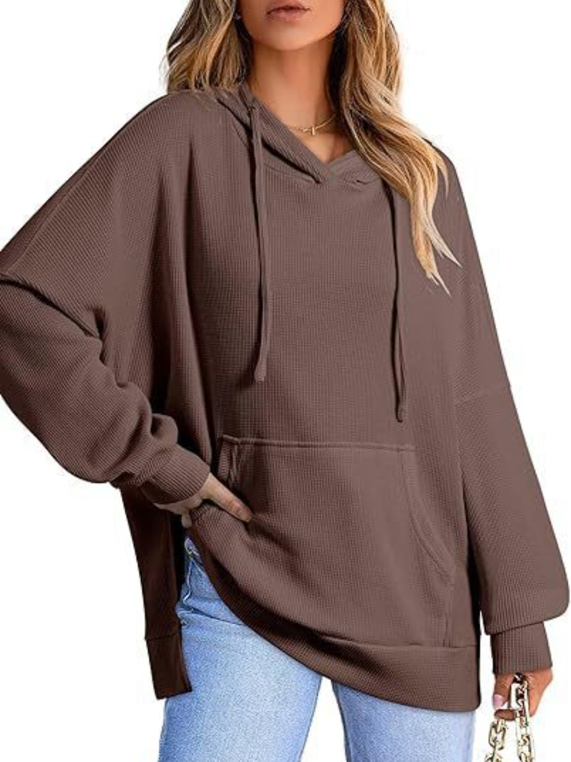 Kangaroo Pocket Drawstring Slit Long Sleeve Hoodie (6 Colors) hoodie Krazy Heart Designs Boutique Chocolate S