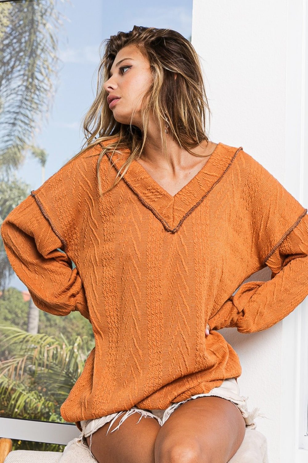 BiBi Textured Exposed Seam Drop Shoulder Knit Top Shirts & Tops Krazy Heart Designs Boutique   