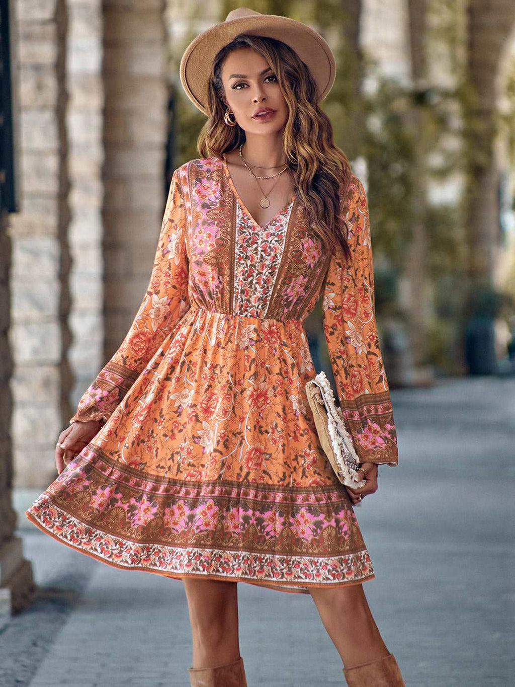 Bohemian V-Neck Long Sleeve Dress (3 Colors)  Krazy Heart Designs Boutique Coral S 