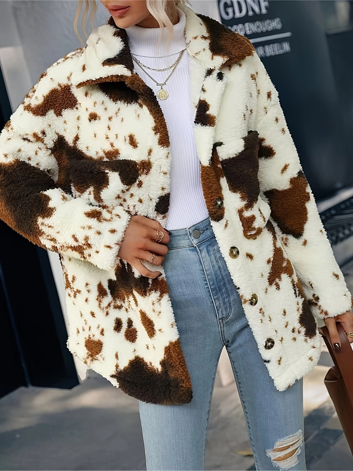 Cow Print Collared Neck Button Up Fuzzy Jacket (2 Color Styles) Jacket Krazy Heart Designs Boutique Ivory S 