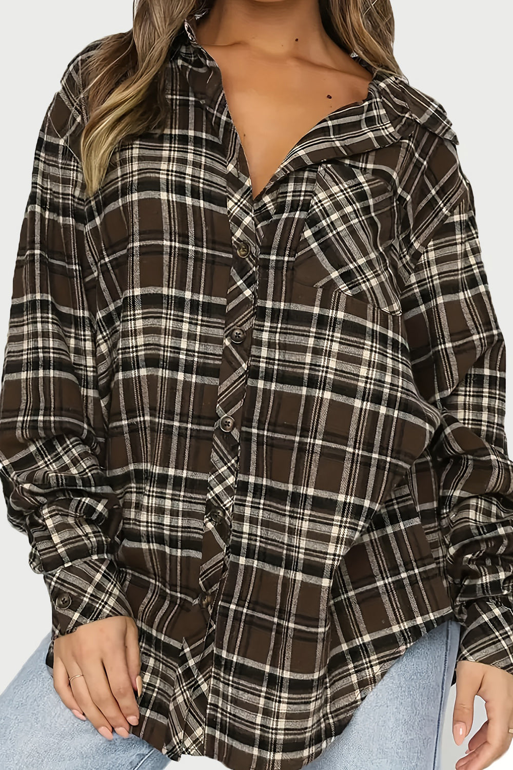 Plaid Collared Neck Long Sleeve Shirt (5 Colors) Shirts & Tops Krazy Heart Designs Boutique Chocolate S 