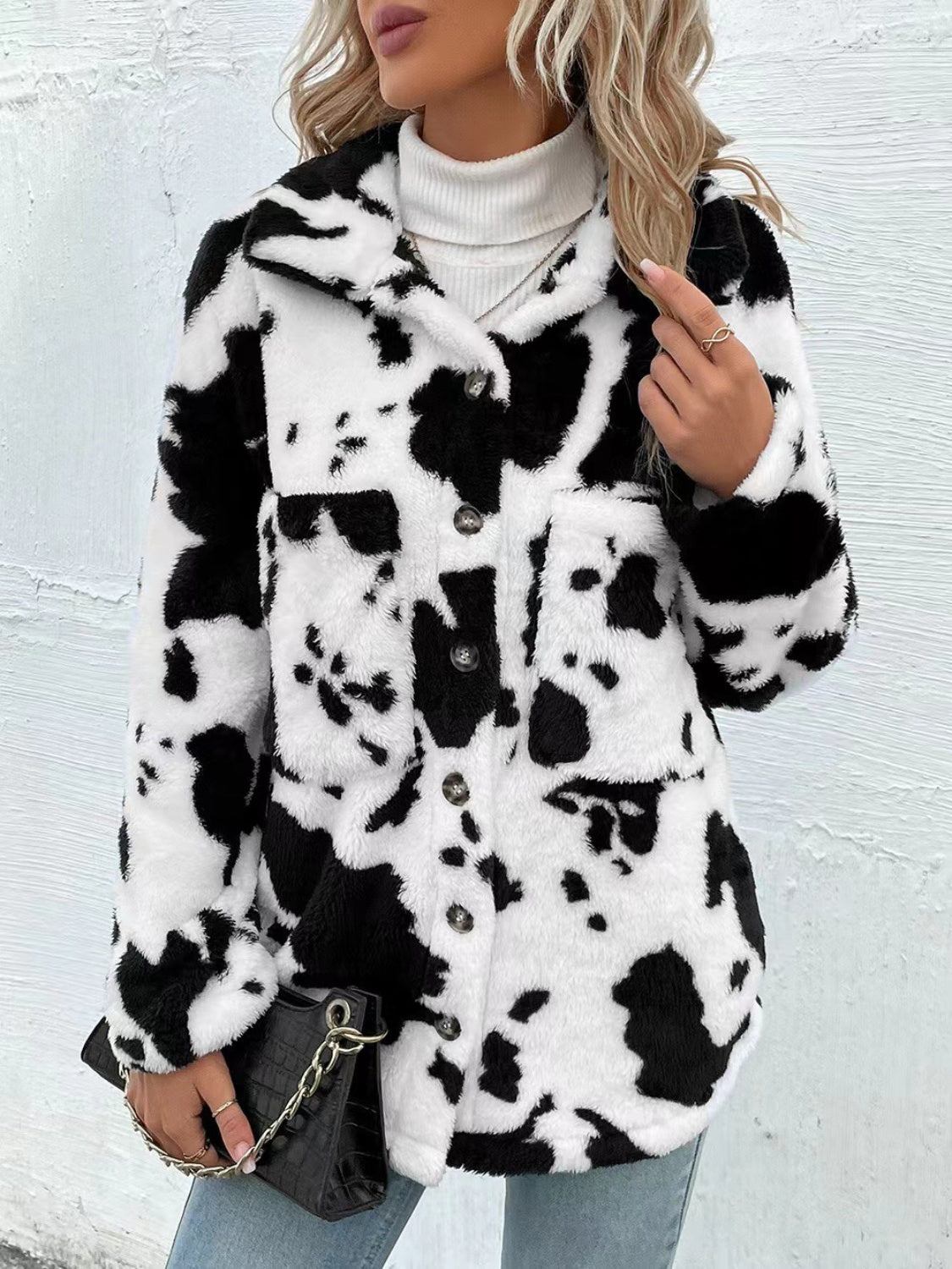 Cow Print Collared Neck Button Up Fuzzy Jacket (2 Color Styles) Jacket Krazy Heart Designs Boutique   