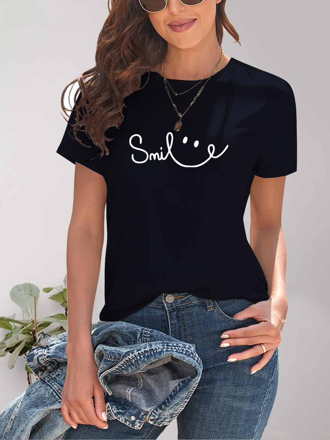 SMILE Round Neck Short Sleeve Tee (7 Colors) T-Shirt Krazy Heart Designs Boutique Dark Blue S 