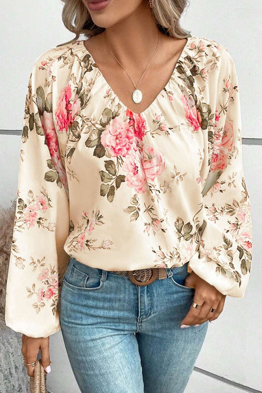 Floral V-Neck Balloon Sleeve Blouse  Krazy Heart Designs Boutique Beige S 