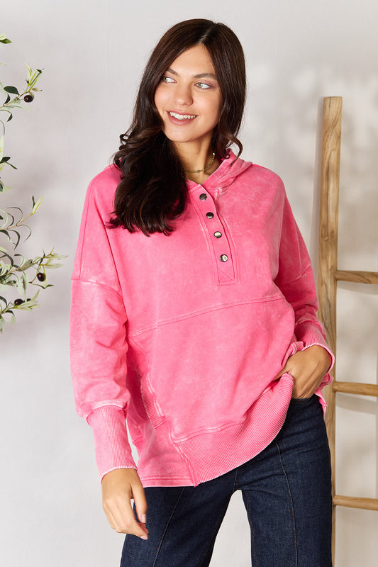 Zenana Half Snap Long Sleeve Hoodie with Pockets Shirts & Tops Krazy Heart Designs Boutique Fuchsia S 