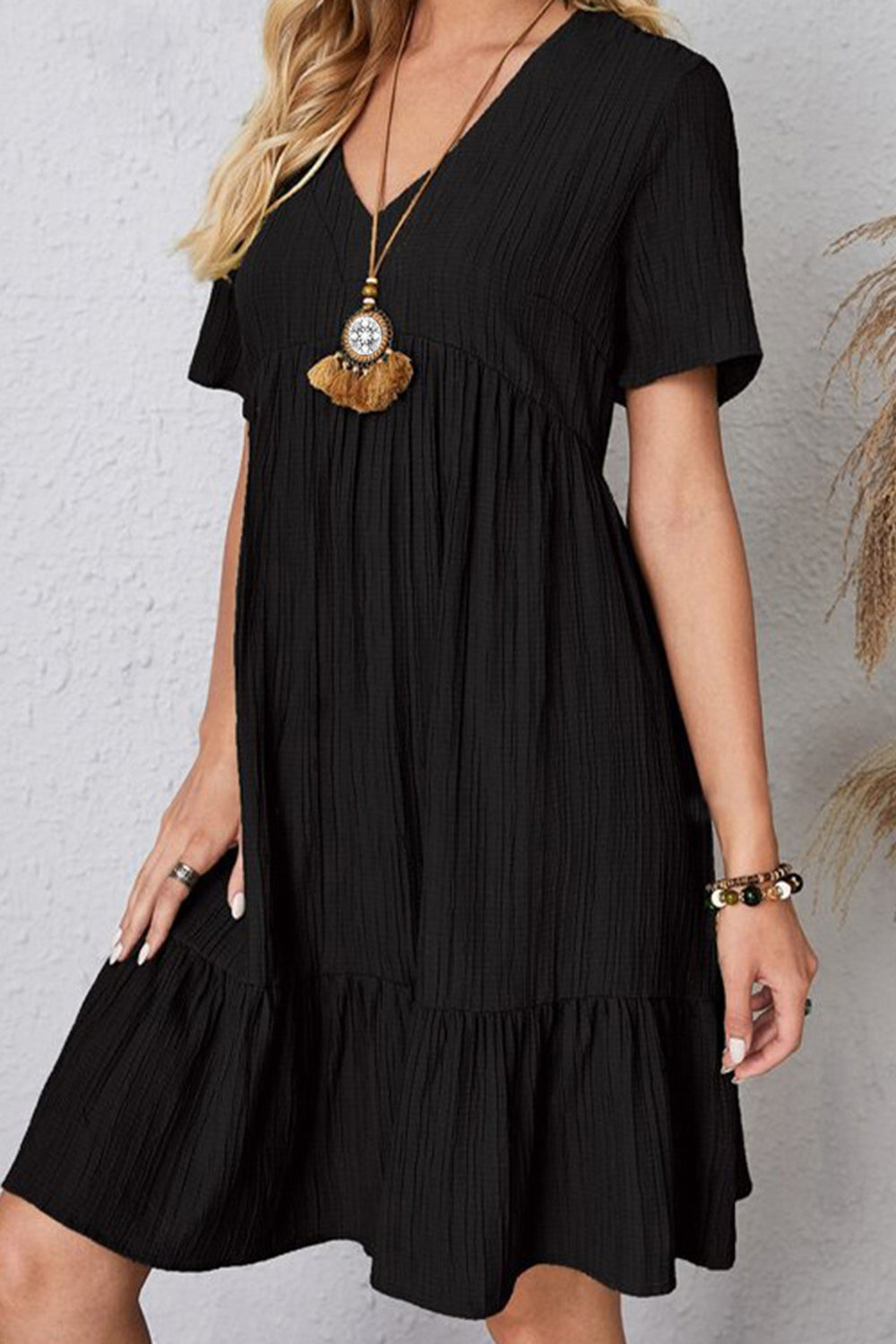 Full Size Ruched V-Neck Short Sleeve Dress (7 Colors) Dress Krazy Heart Designs Boutique Black S 