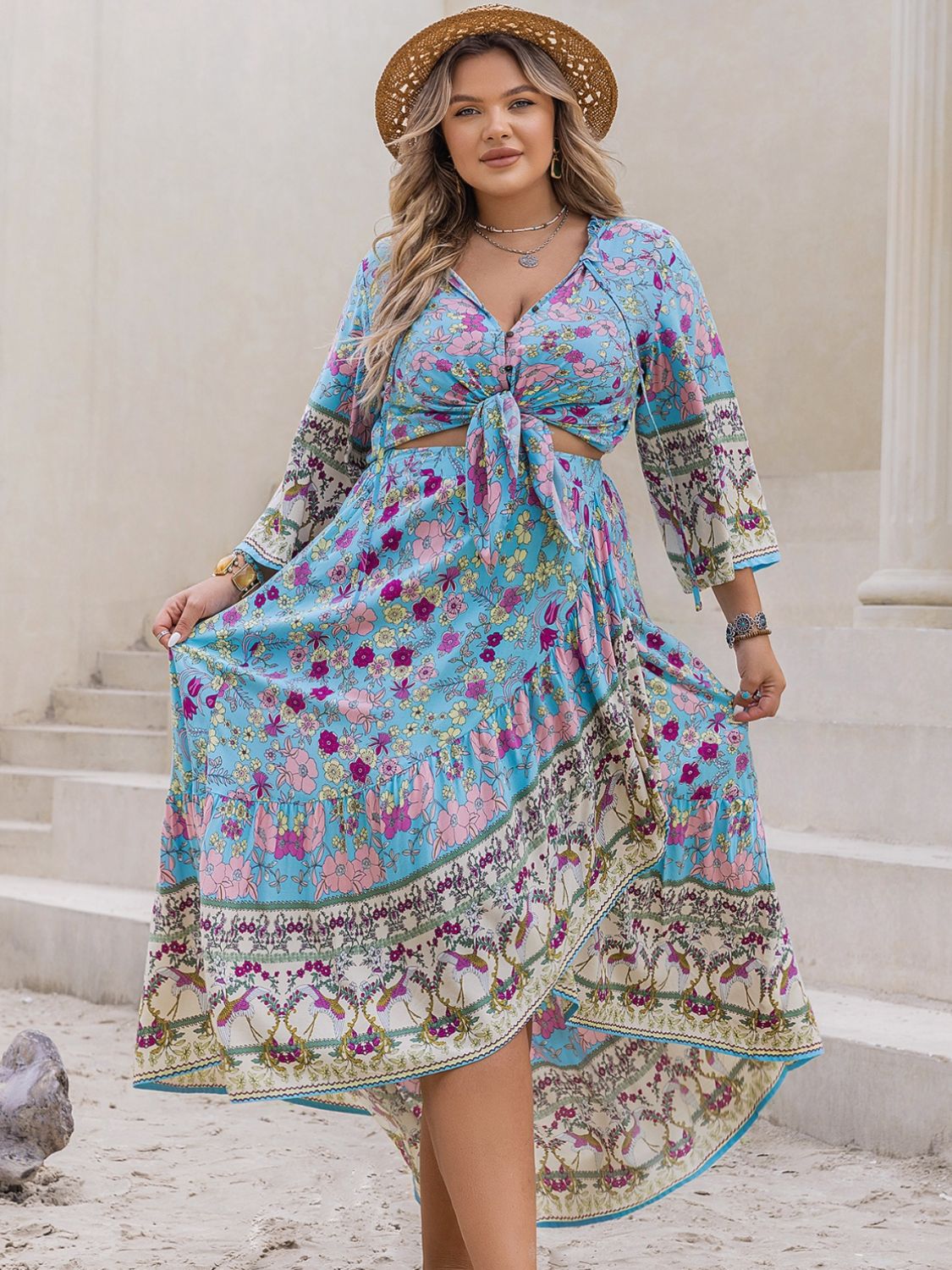 Plus Size Printed Tie Neck Top and Skirt Set Dress Krazy Heart Designs Boutique   
