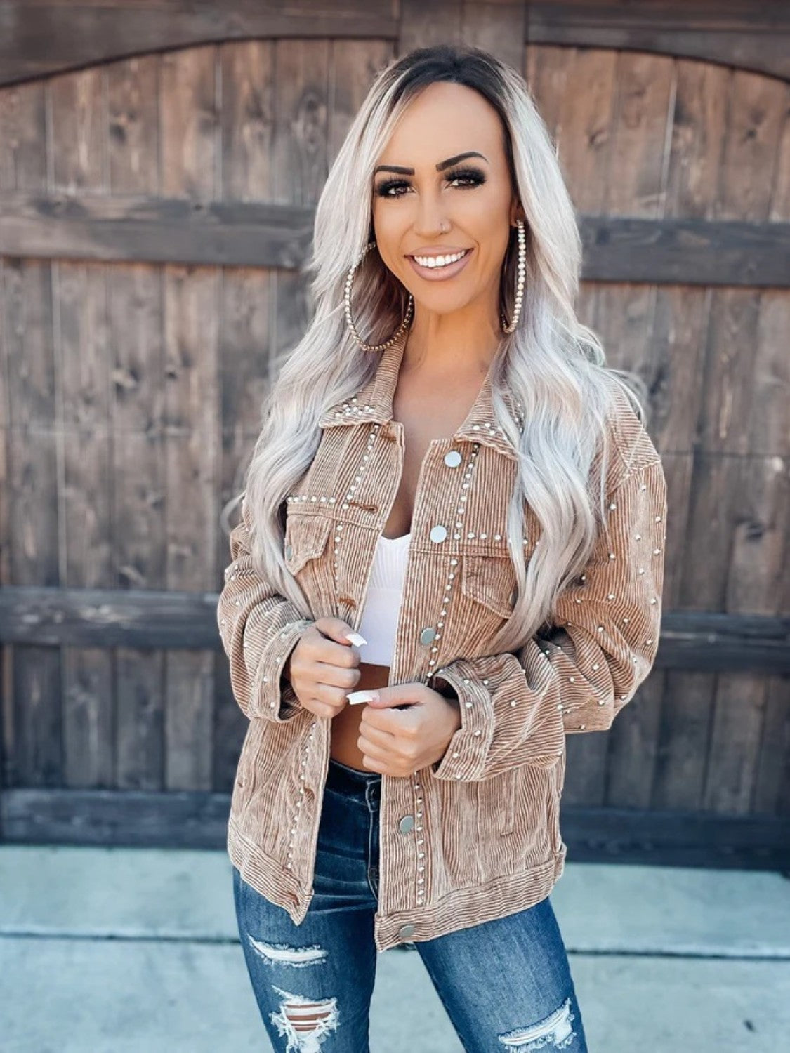 Boho Style Studded Collared Button Down Jacket (2 Colors) Cardigan Krazy Heart Designs Boutique