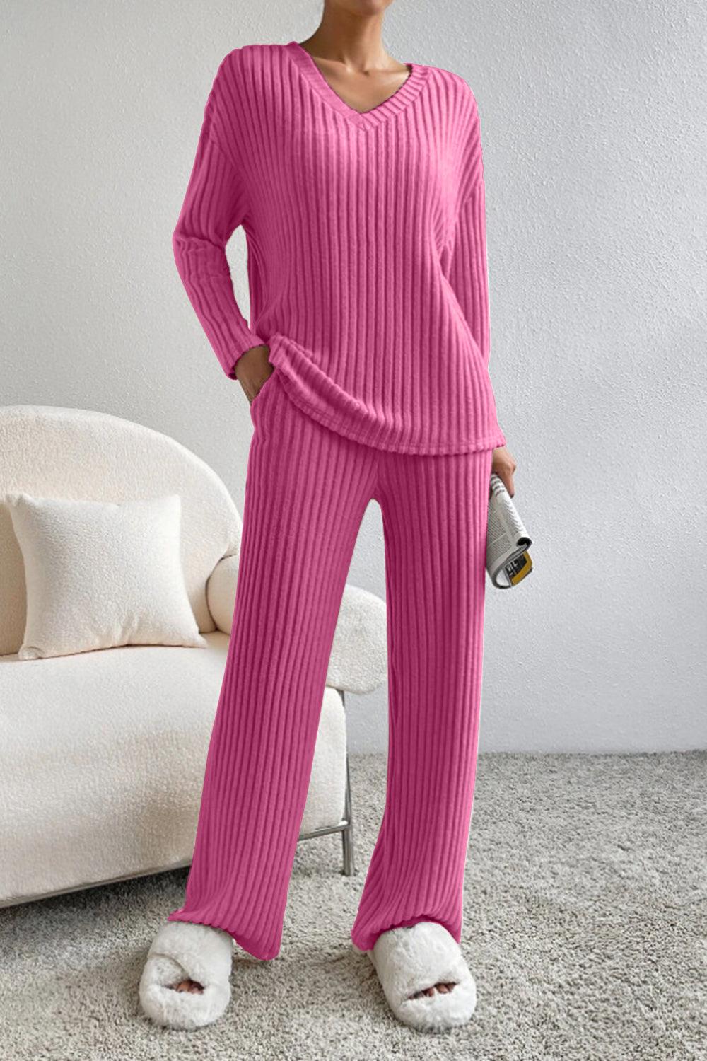 Ribbed V-Neck Top and Pants Set (5 Colors) Outfit Sets Krazy Heart Designs Boutique Hot Pink L 