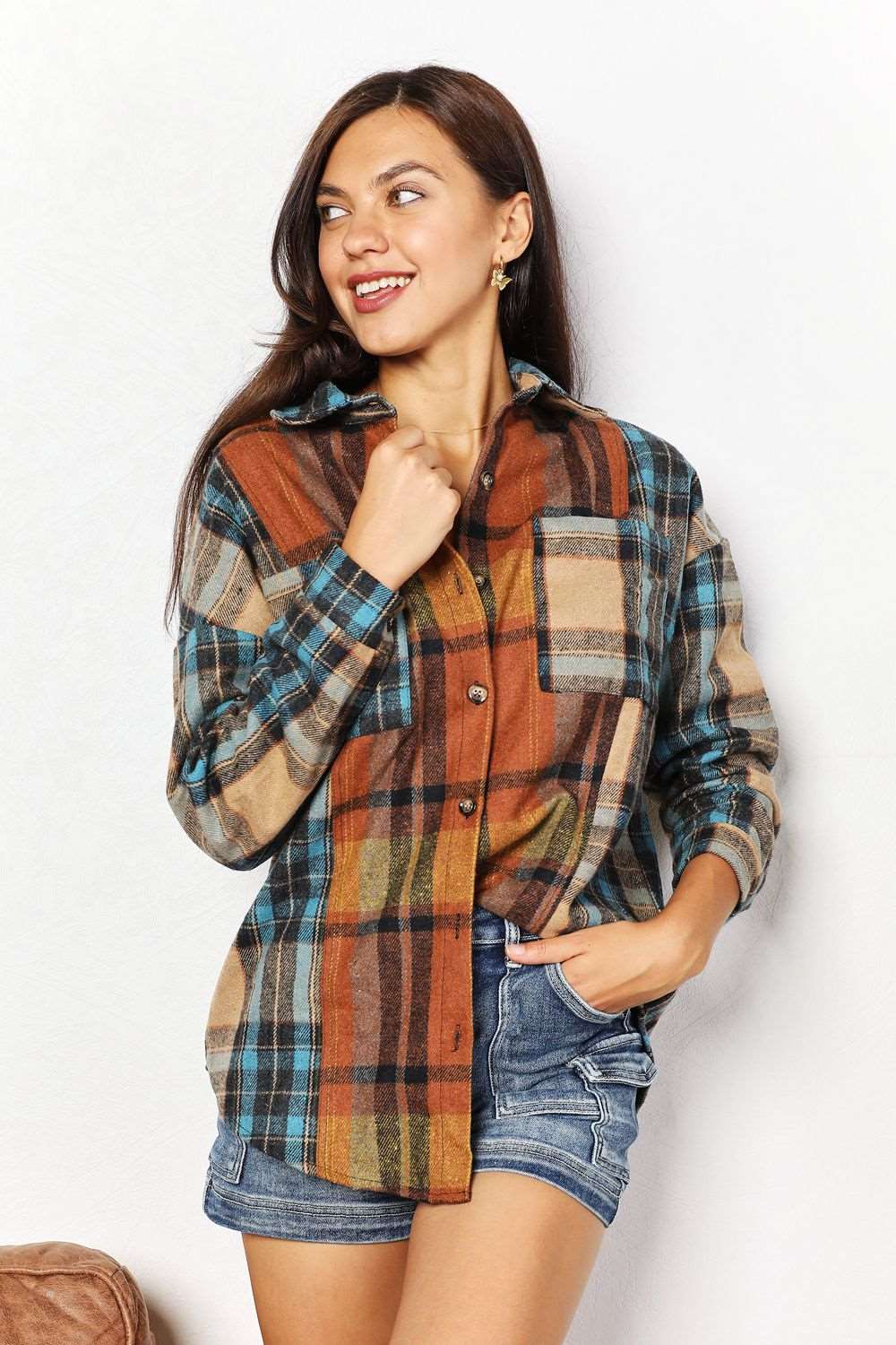 Double Take Plaid Curved Hem Shirt Jacket with Breast Pockets  Krazy Heart Designs Boutique Plaid S 