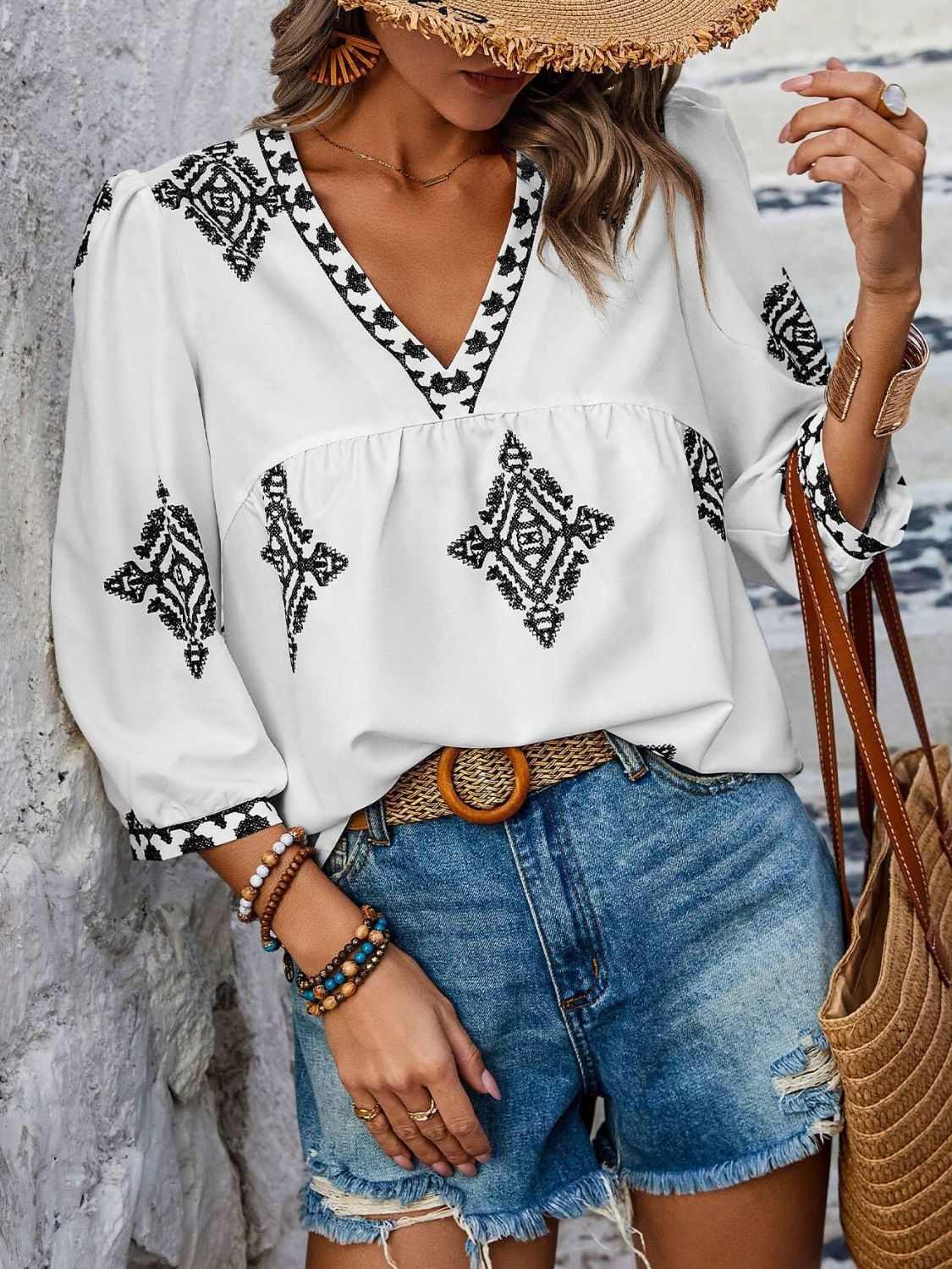 Printed V-Neck Three-Quarter Sleeve Blouse (6 Colors) Shirts & Tops Krazy Heart Designs Boutique   