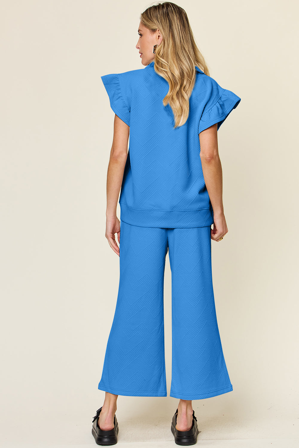 Double Take Texture Ruffle Short Sleeve Top and Drawstring Wide Leg Pants Set (12 Colors)