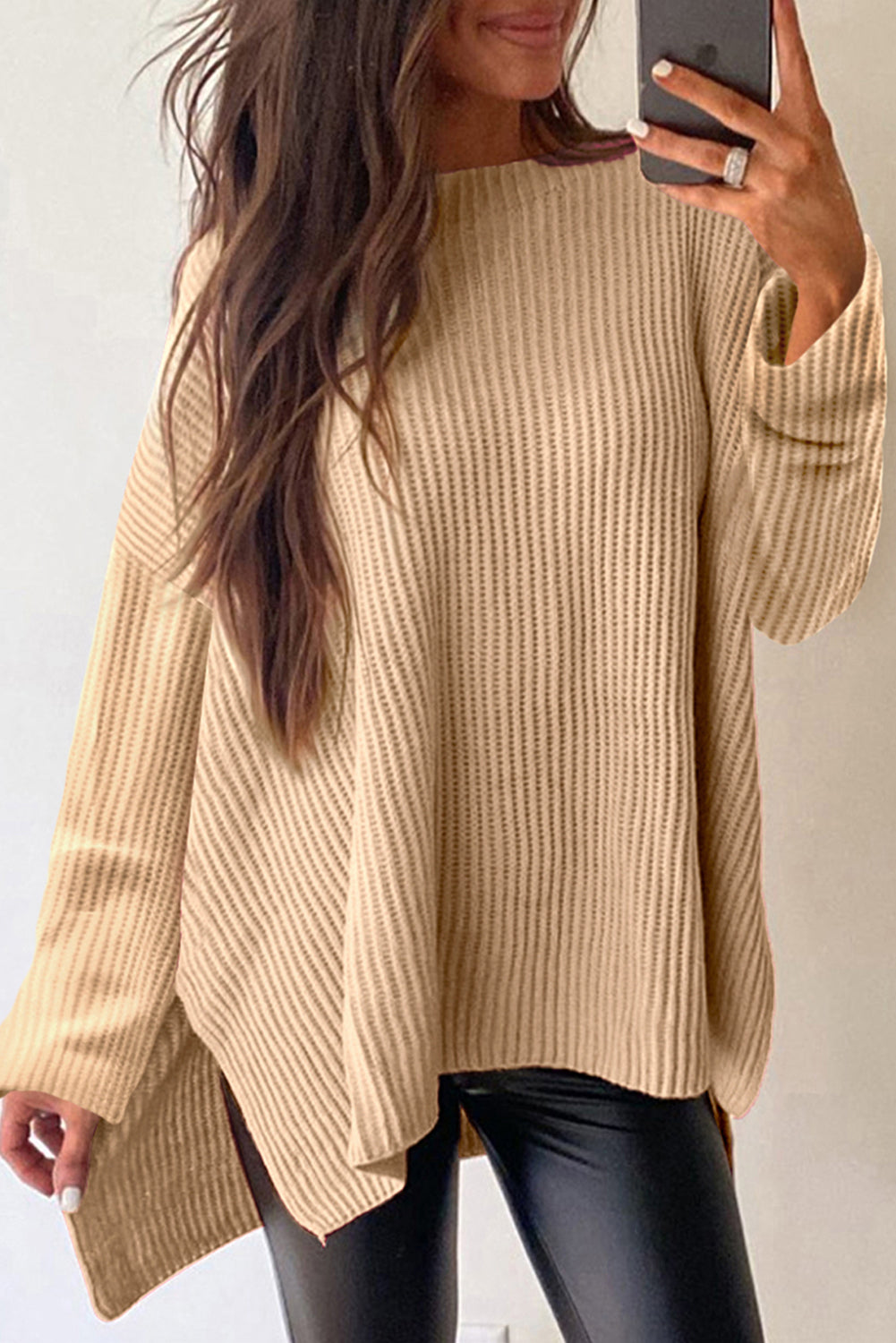 Side Slit Round Neck Long Sleeve Sweater Shirts & Tops Krazy Heart Designs Boutique Tan S 