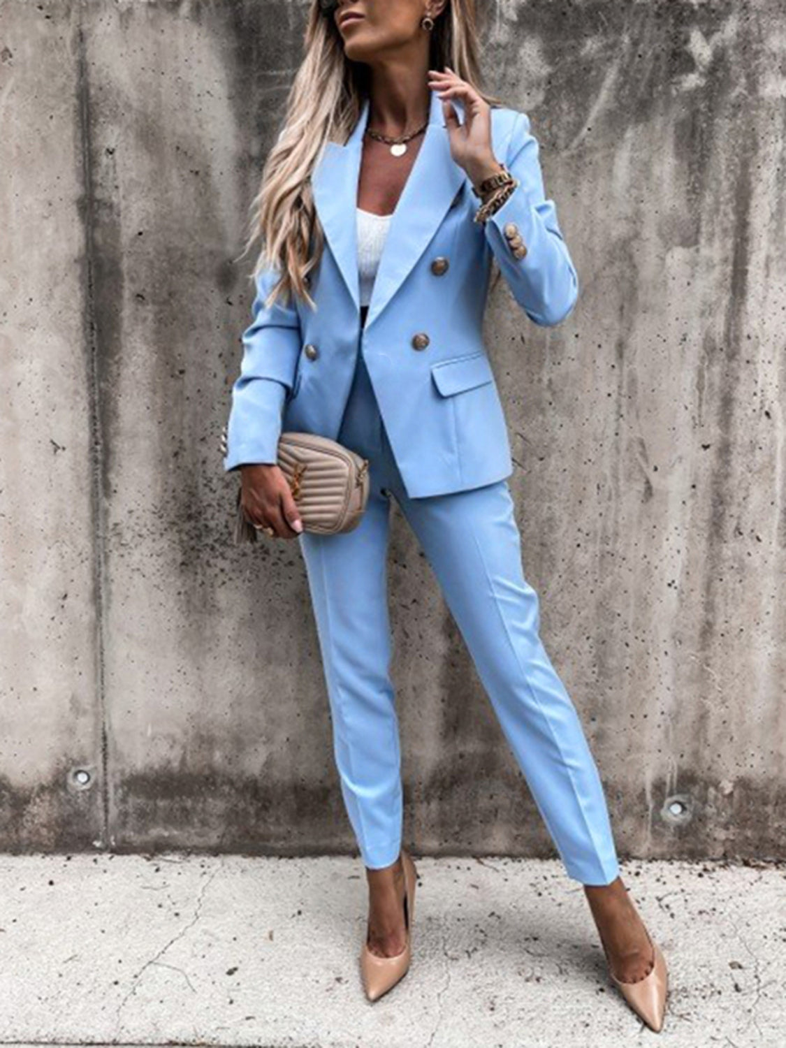 Lapel Collar Long Sleeve Blazer and Pants Set (7 Colors) pantsuit Krazy Heart Designs Boutique Pastel Blue S