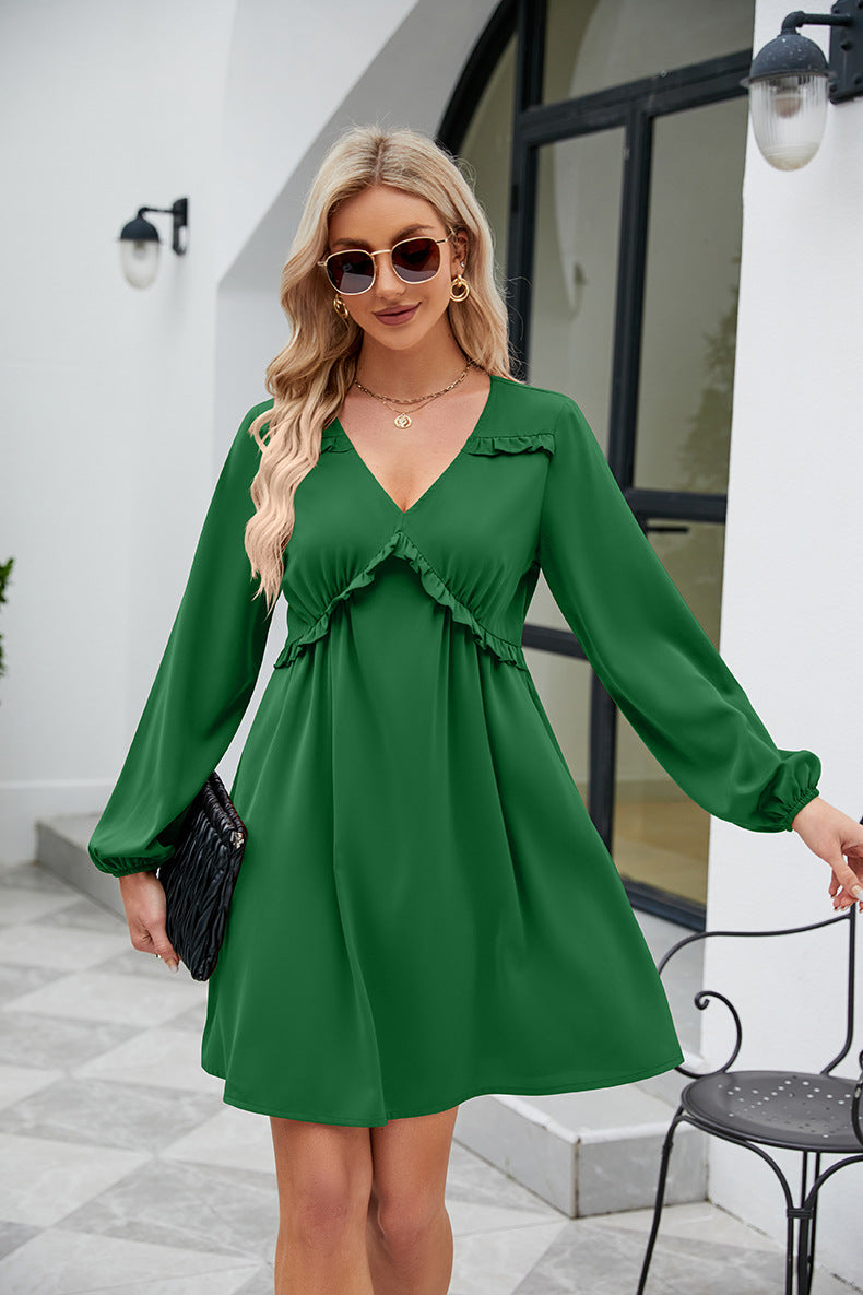 Frill Trim V-Neck Long Sleeve Dress (5 Colors) Dress Krazy Heart Designs Boutique   