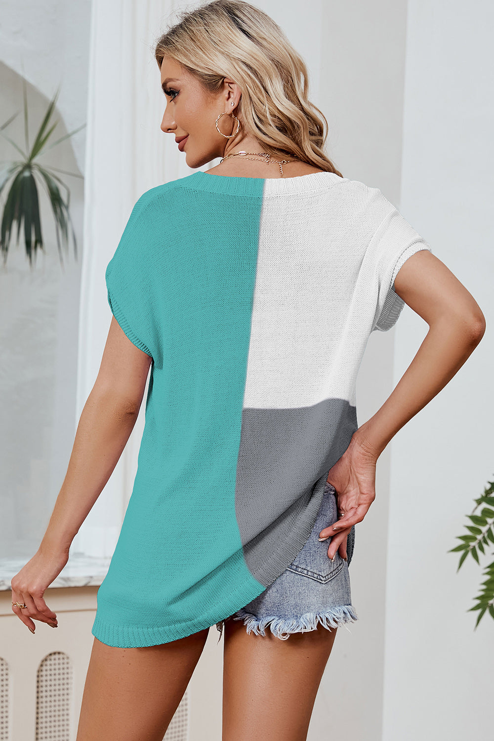 Color Block V-Neck Short Sleeve Knit Top (8 Colors) Shirts & Tops Krazy Heart Designs Boutique