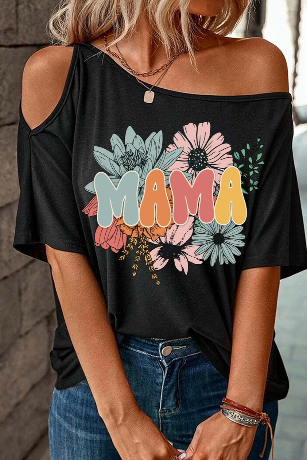 MAMA One Shoulder Half Sleeve T-Shirt Shirts & Tops Krazy Heart Designs Boutique Black S 