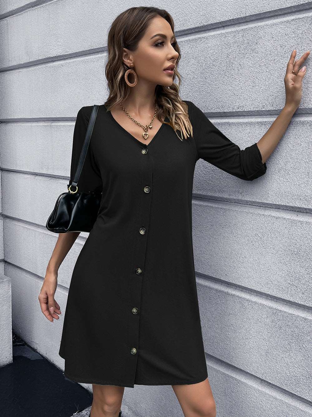 Button Down V-Neck Mini Dress (3 Colors)  Krazy Heart Designs Boutique Black S 