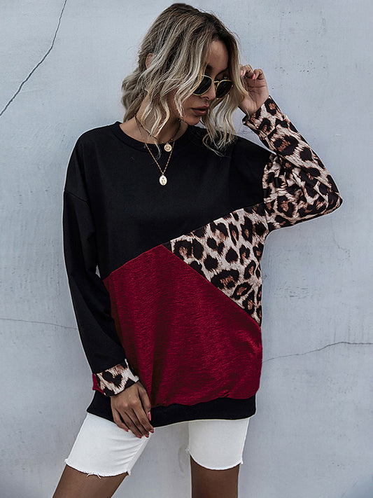 Perfee Leopard Contrast Color Long Sleeve Sweatshirt Shirts & Tops Krazy Heart Designs Boutique Burgundy S 