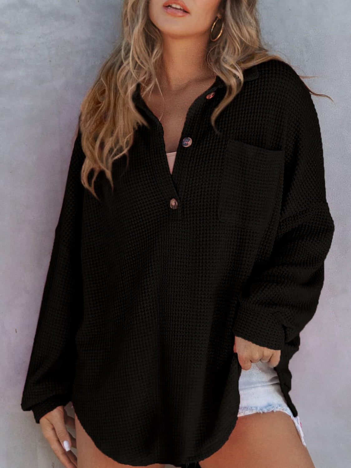 Waffle-Knit Dropped Shoulder Long Sleeve Sweatshirt (5 Colors) Shirts & Tops Krazy Heart Designs Boutique Black S 