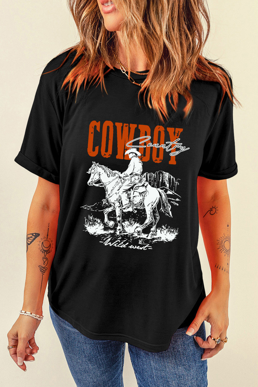 COWBOY Round Neck Short Sleeve T-Shirt Shirts & Tops Krazy Heart Designs Boutique Black S 