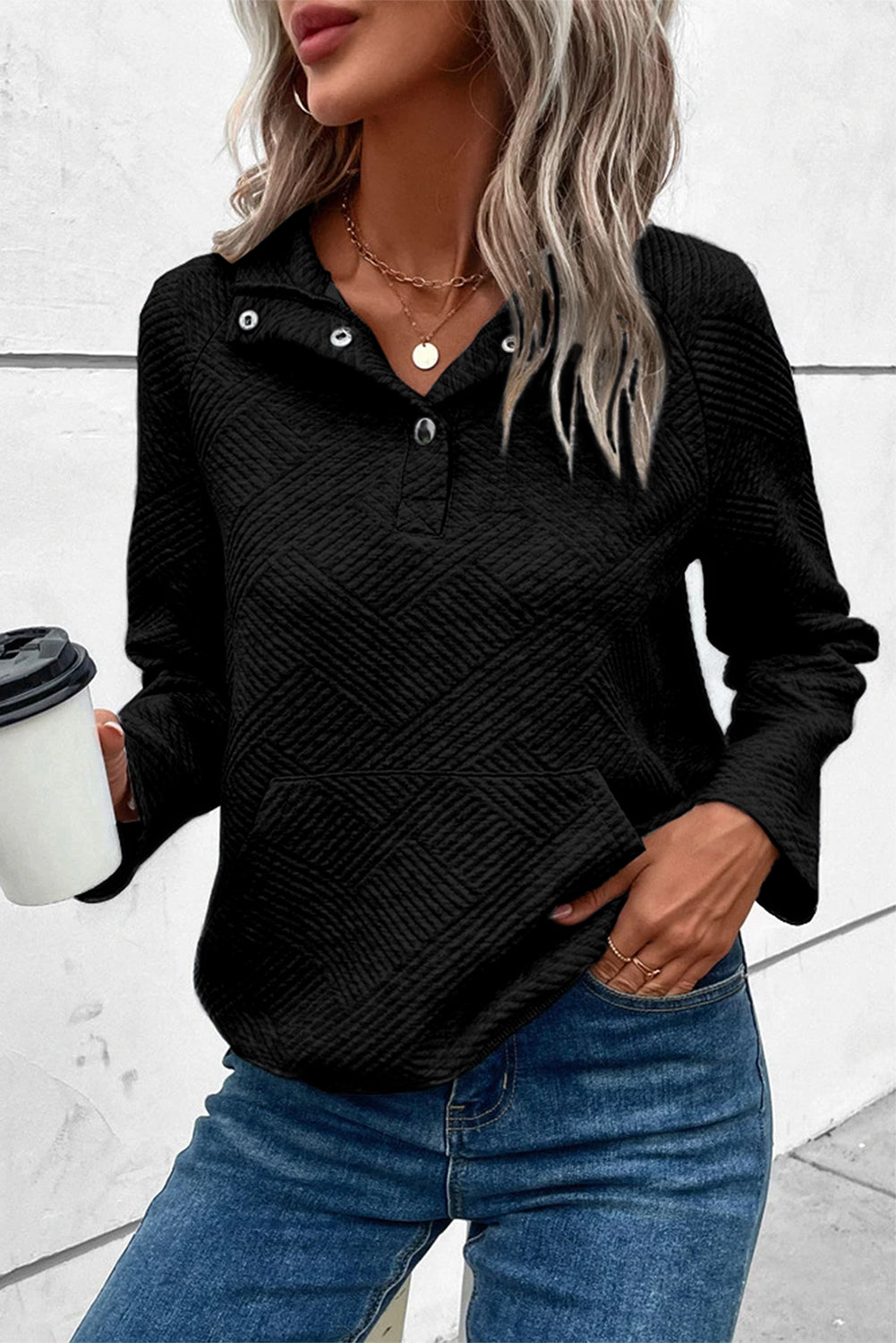 Geometric Snap Button Long Sleeve Sweatshirt  Krazy Heart Designs Boutique Black S 