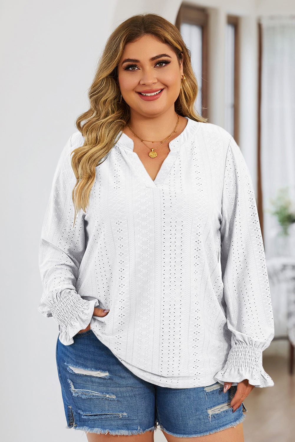 Plus Size Eyelet Notched Flounce Sleeve Blouse (4 Colors) Shirts & Tops Krazy Heart Designs Boutique White 1XL 