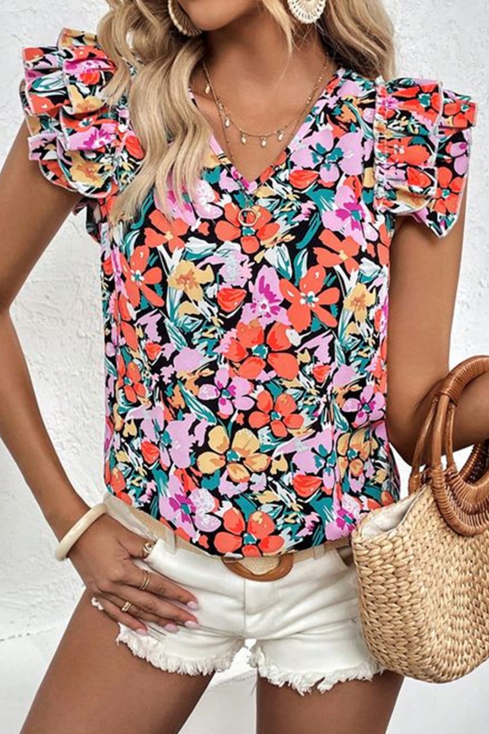 Ruffled Printed V-Neck Cap Sleeve Blouse Shirts & Tops Krazy Heart Designs Boutique Floral S 