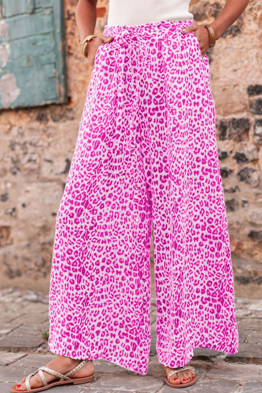 Leopard Drawstring Wide Leg Pants pants Krazy Heart Designs Boutique Fuchsia Pink S 