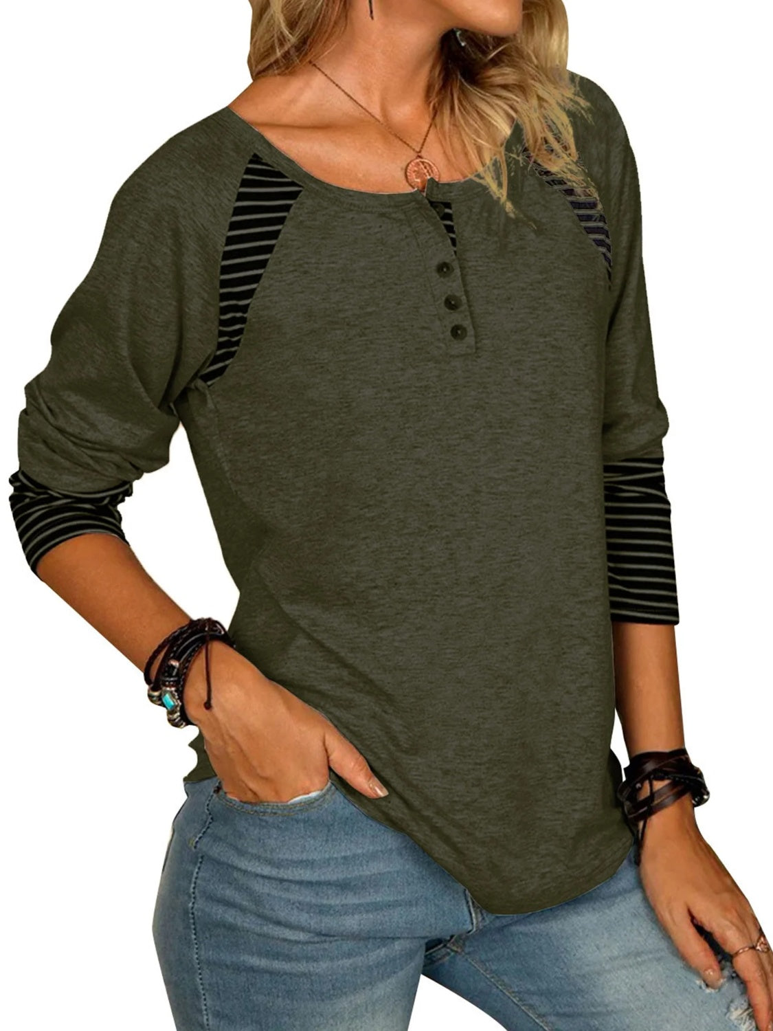 Full Size Striped Quarter Button Long Sleeve Top (6 Colors) Shirts & Tops Krazy Heart Designs Boutique   