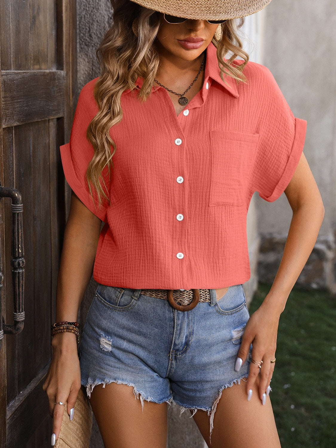 Textured Pocketed Button Up Shirt (6 Colors) Shirts & Tops Krazy Heart Designs Boutique   
