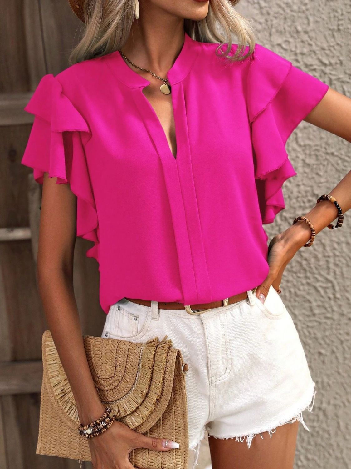 Ruffled Notched Short Sleeve Blouse (7 Colors) Shirts & Tops Krazy Heart Designs Boutique Hot Pink S 