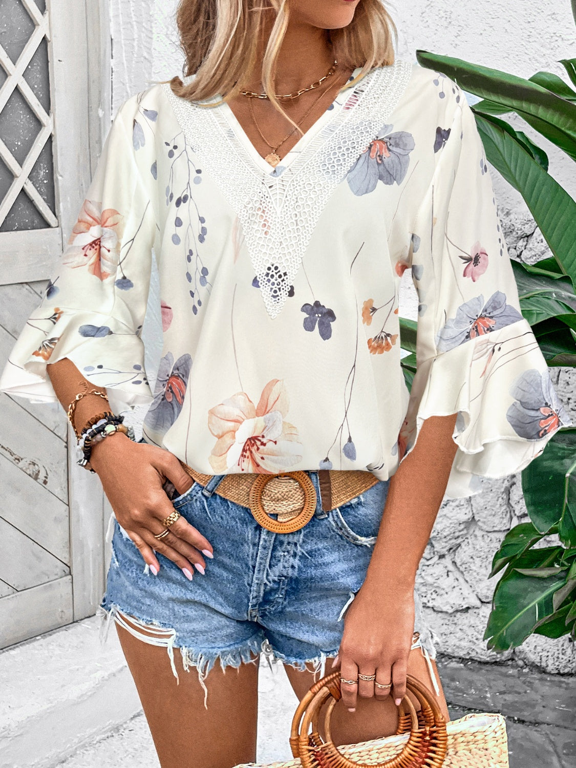 Honey Ruffled Printed V-Neck Half Sleeve Blouse (4 Print Colors) Shirts & Tops Krazy Heart Designs Boutique   