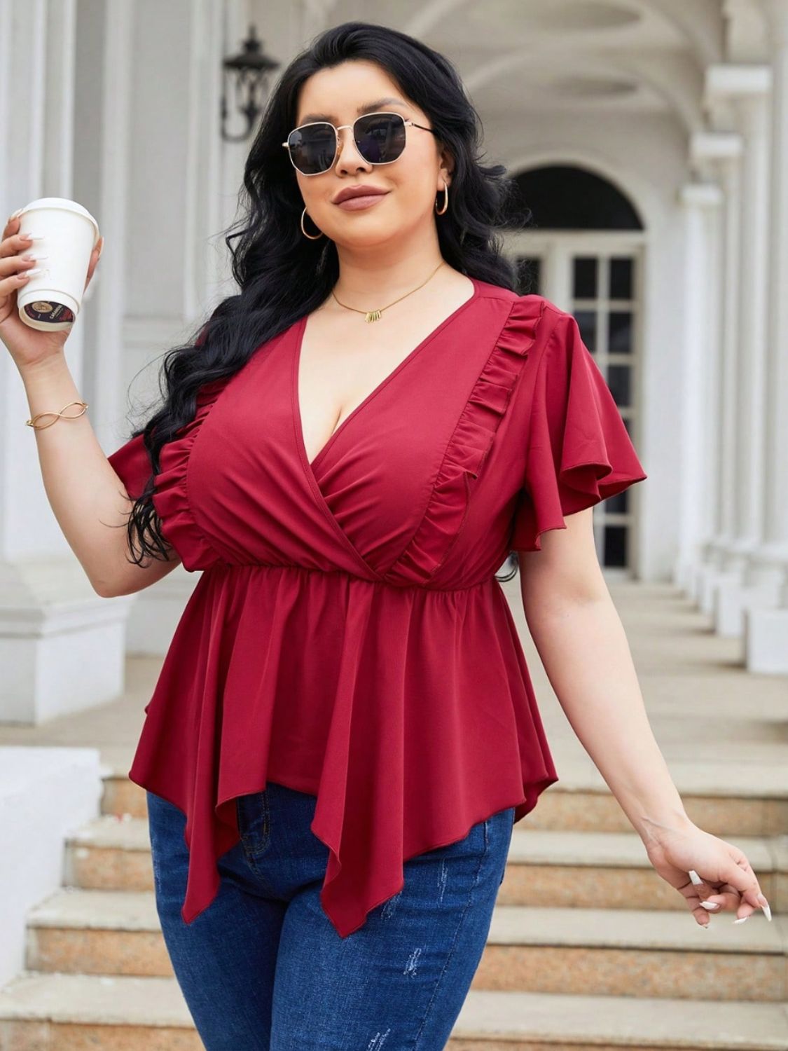 Plus Size Frill Surplice Flutter Sleeve Blouse Shirts & Tops Krazy Heart Designs Boutique   