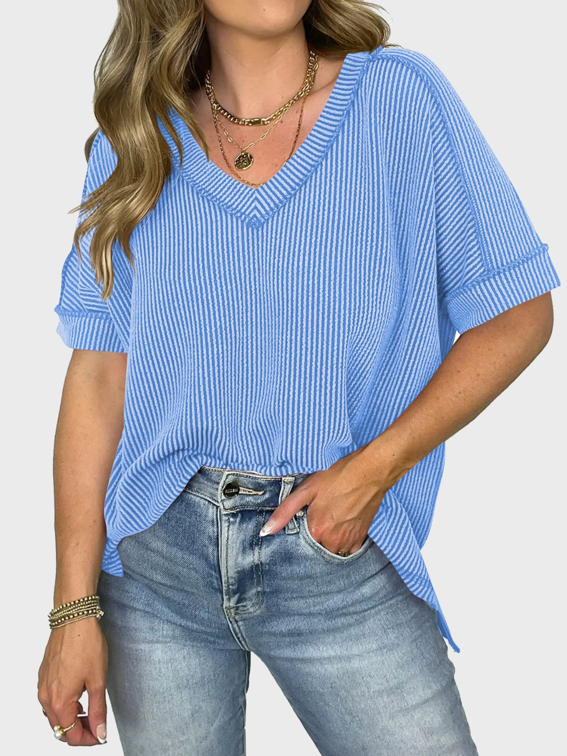 Lovelet Texture V-Neck Half Sleeve Top (5 Colors) Shirts & Tops Krazy Heart Designs Boutique   