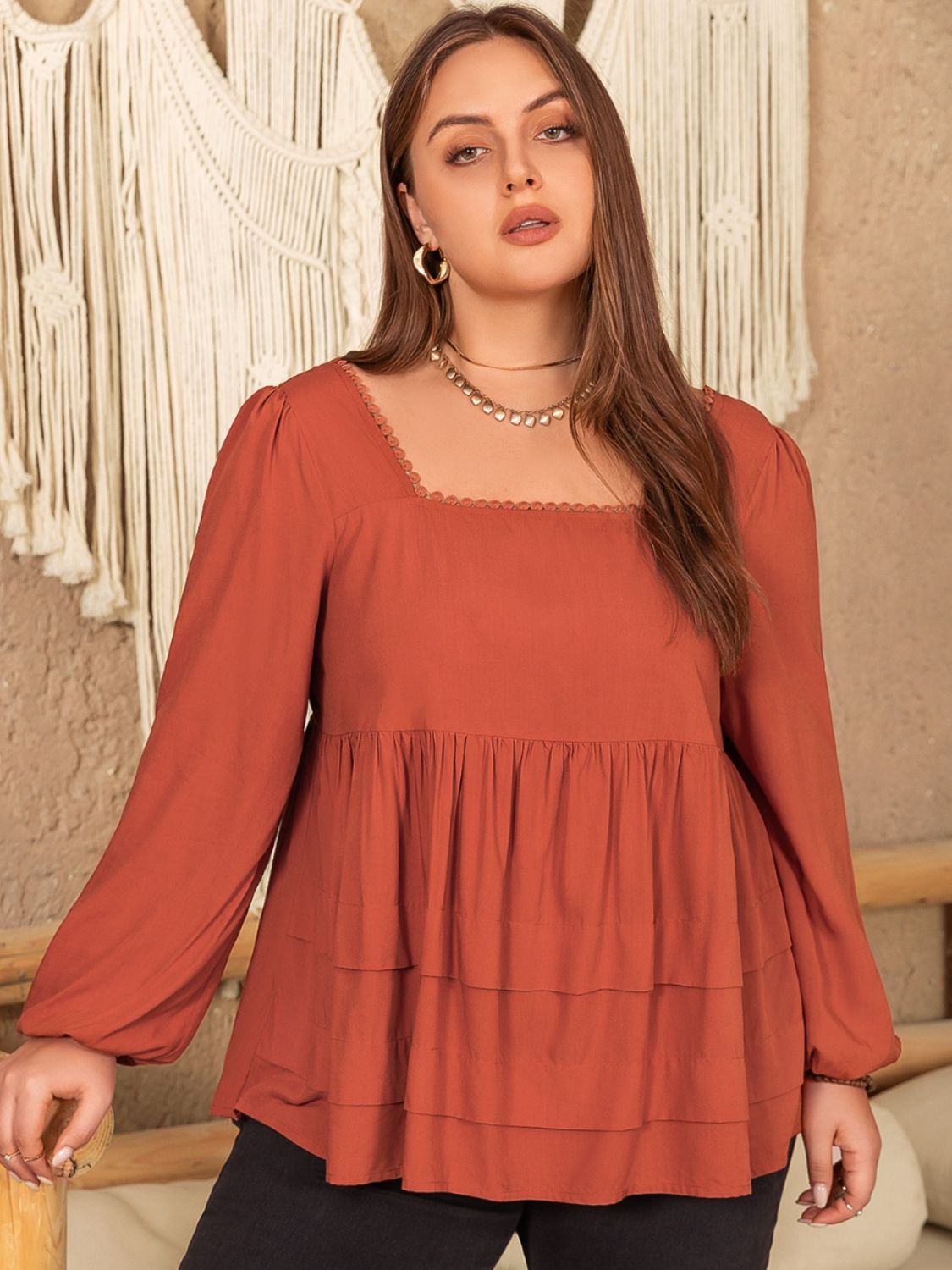 Plus Size Lace Detail Square Neck Long Sleeve Blouse Shirts & Tops Krazy Heart Designs Boutique   