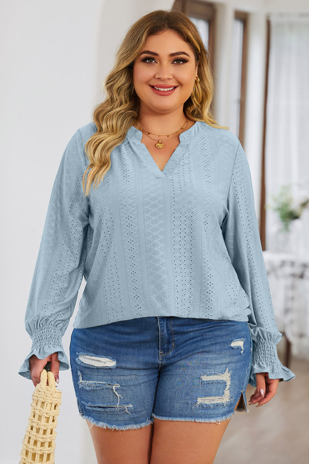 Plus Size Eyelet Notched Flounce Sleeve Blouse (4 Colors) Shirts & Tops Krazy Heart Designs Boutique   