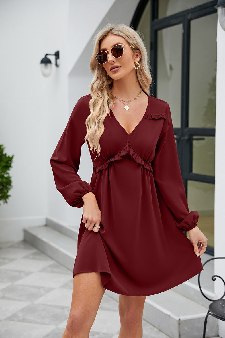 Frill Trim V-Neck Long Sleeve Dress (5 Colors) Dress Krazy Heart Designs Boutique Burgundy S 