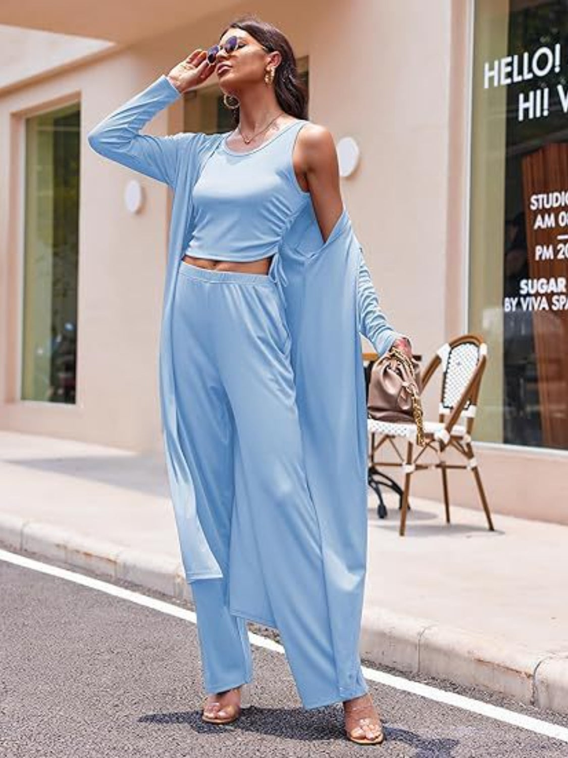 Drawstring Tank, Long Sleeve Cover Up and Pants Set (9 Colors) pantsuit Krazy Heart Designs Boutique Light Blue S