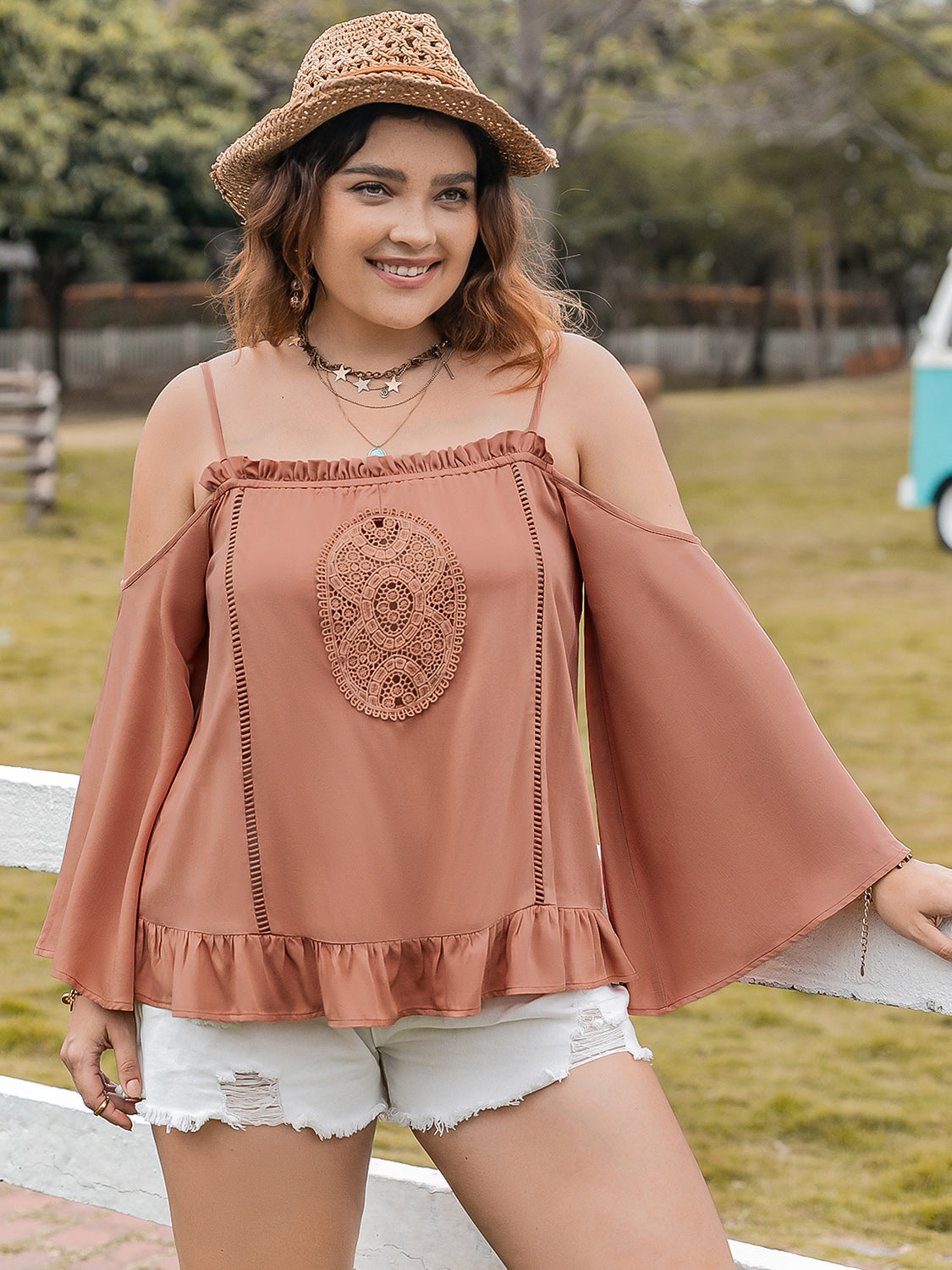 Plus Size Frill Square Neck Long Sleeve Blouse Shirts & Tops Krazy Heart Designs Boutique Caramel 0XL 