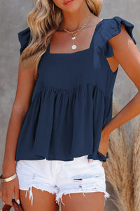 Full Size Ruffled Square Neck Cap Sleeve Blouse (6 Colors) Shirts & Tops Krazy Heart Designs Boutique Navy S 