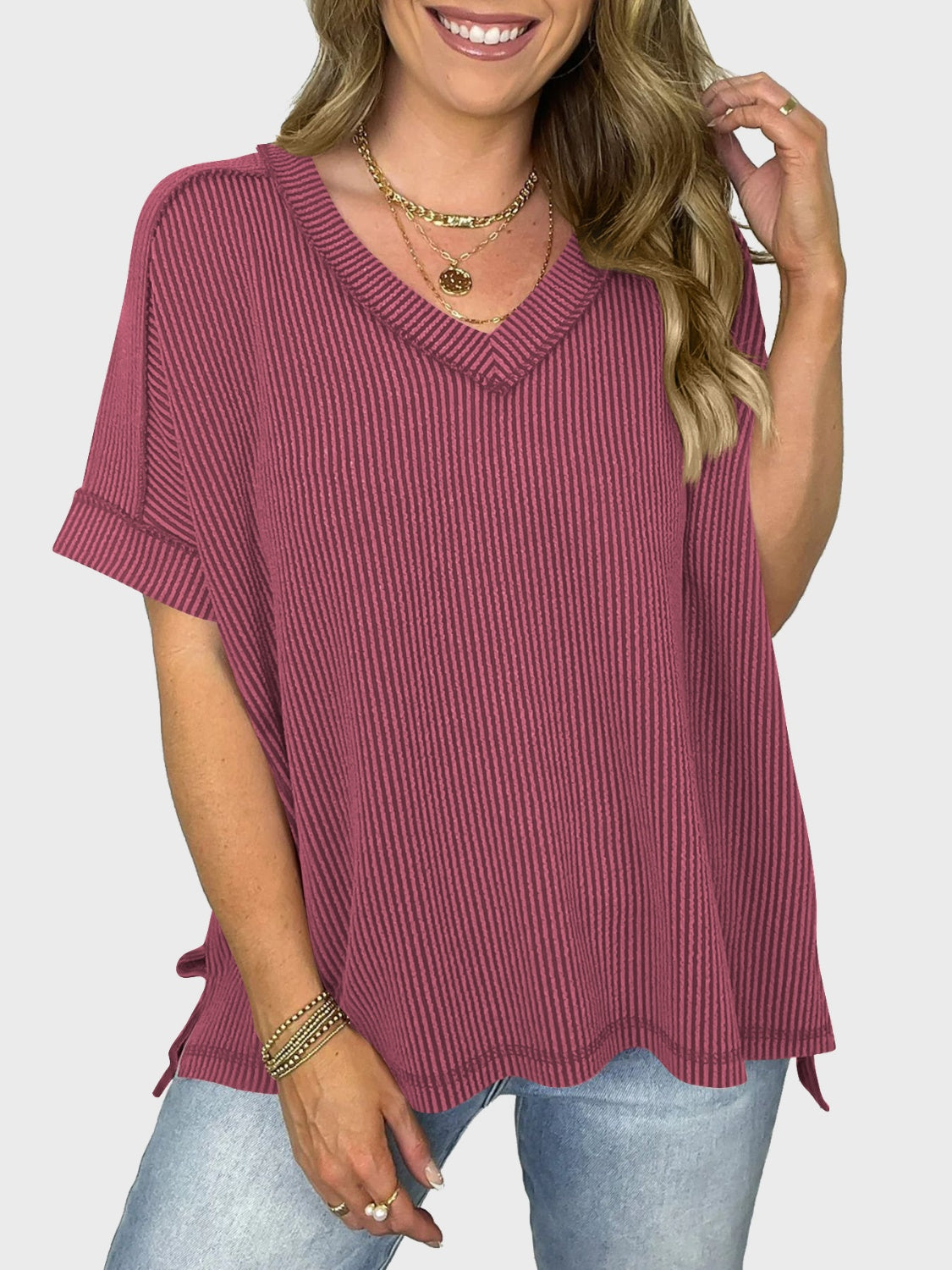 Lovelet Texture V-Neck Half Sleeve Top (5 Colors) Shirts & Tops Krazy Heart Designs Boutique   